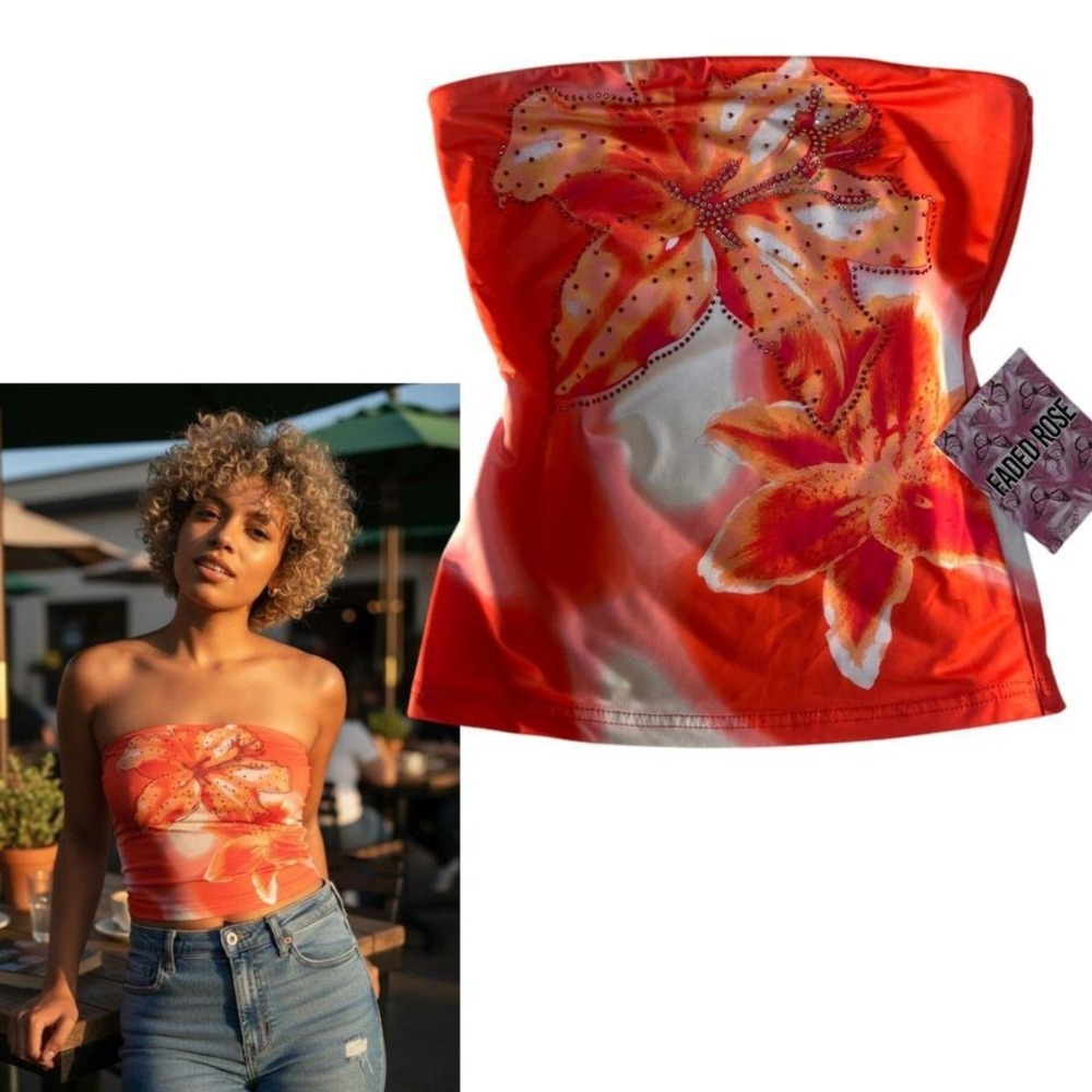 Y2K RHINESTONE HIBISCUS TUBE SPARKLE TUBE TOP NWT SMALL
